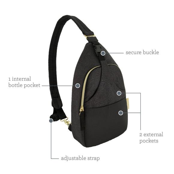 Infantino Black Gray Diaper Bag Sling Backpack Gold Zippers Adjustable Strap - Picture 2 of 9